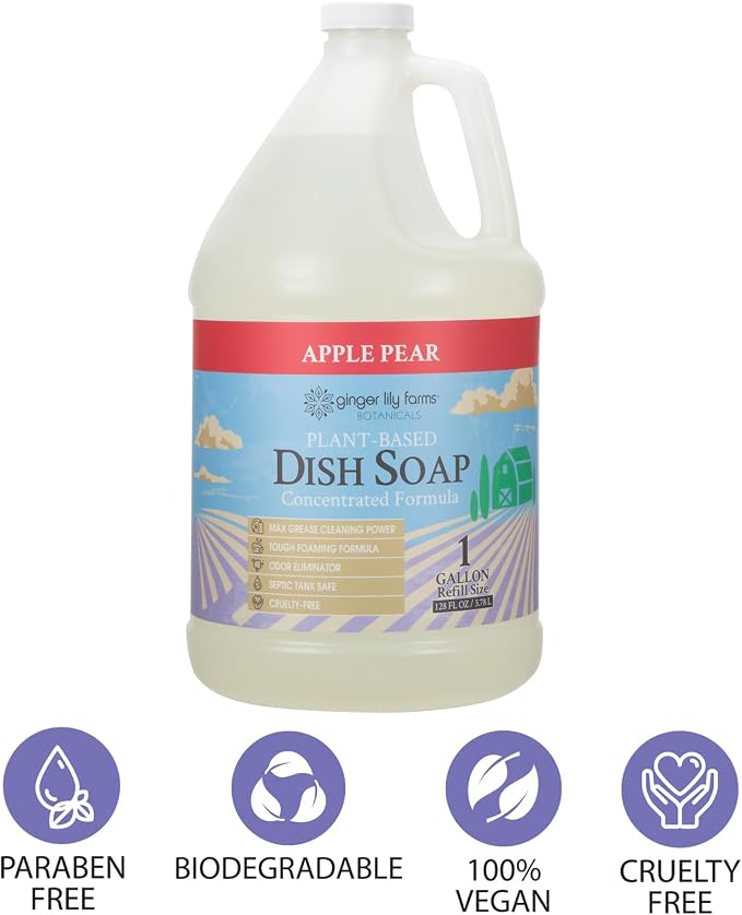 Ginger Lily Farms Botanicals Plant-Based Liquid Dish Soap, Concentrated Formula with Max Grease Cleaning Power, Cruelty-Free, Apple Pear Scent, 1 Gallon (Pack of 4)