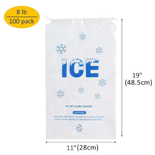 100 PACK 8 lb. Plastic Ice Bags with Cotton Draw String 11 x 19 Inch Heavy-Duty Plastic Ice Storage Bags with Draw String (2mil Thickness) | Heavy-Duty Plastic Ice Storage Bags with Draw String (2mil Thickness)