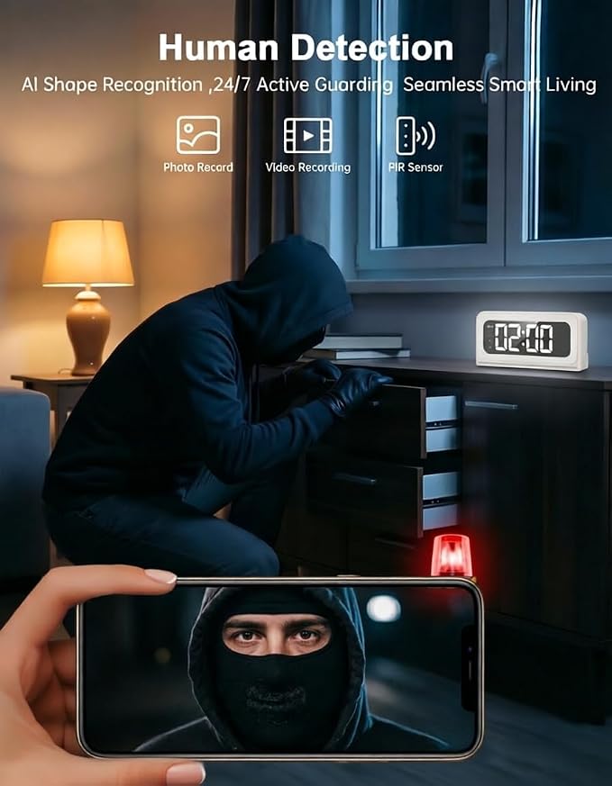 2K Alarm Clock Camera, 5G & 2.4G WiFi Indoor Nanny Cam for Home Security, Full Color Night Vision, AI Human Motion Detection, Local SD Storage