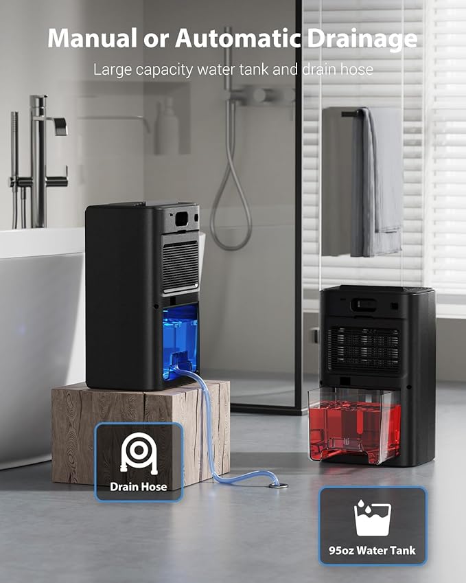 UBBO 95oz Dehumidifiers for Home, 1000 Sq.Ft Dehumidifier with Drain Hose - Auto Shut Off, Timer, Sleep Mode & Drain Hose - 7 Color Light for Bedroom, Bathroom, RV - Black