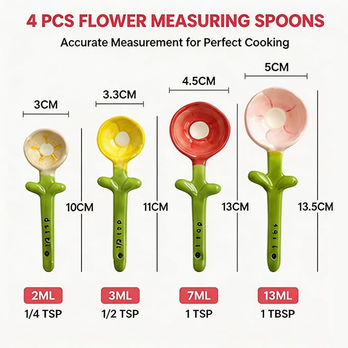 Ceramic Flower Measuring Spoons Set with Flowerpot Base, 2026 Decorative Cute Measuring Cups and Spoons Set with Holder for Dry and Wet Ingredients (Pink)
