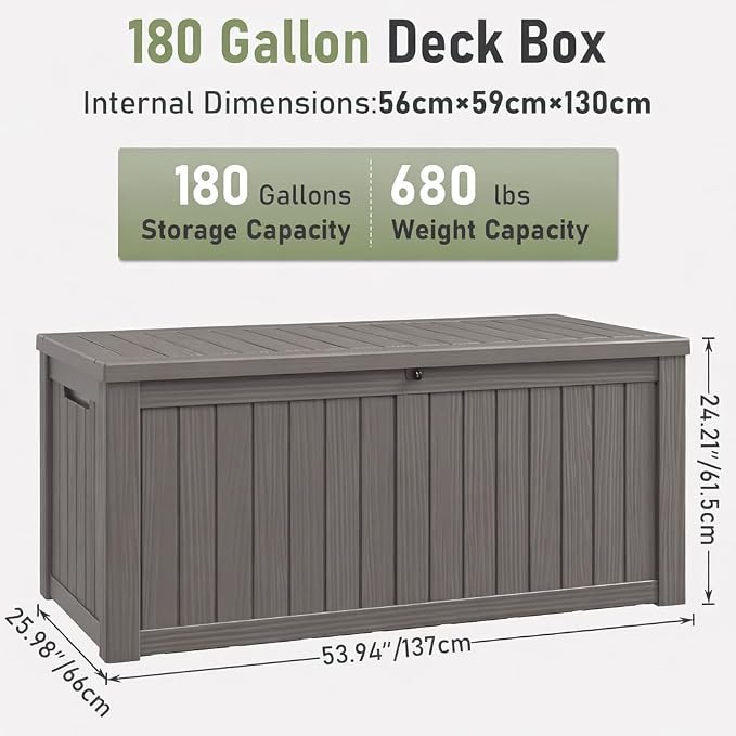 151 Gal Deck Box, Outdoor Storage Box Waterproof Lockable, Gas Lift,Grey | Large sturdy grey resin deck box, double wall panels, waterproof backyard storage for package delivery, garden hoses tools