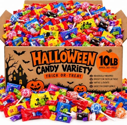 Halloween Bulk Candy Assortment; Approximately 300+ pieces; Individually Wrapped For Easy sharing; assorted flavors, textures, shapes, and colors; ideal for trick-or-treat bags, candy bowls, parties, events, offices, and classrooms.