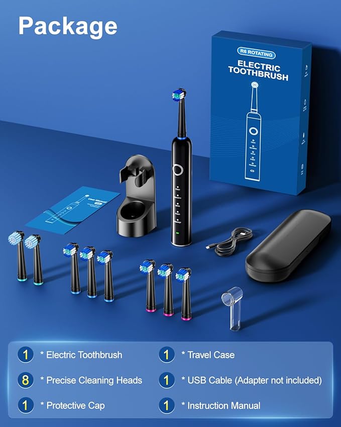Rotating Electric Toothbrush for Adults, 8 Brush Heads (2 Types) & Travel Case, 5 Cleaning Modes Rechargeable Power Toothbrush with 2-Minute Smart Timer, Black