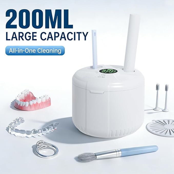 Ultrasonic Retainer Cleaner Machine, 45kHz Dental Cleaning Pod with Digital Timer for Dentures, Mouth Guards, Night Guards, Aligners, Toothbrush, Jewelry, Dental Appliances, 200ML Capacity