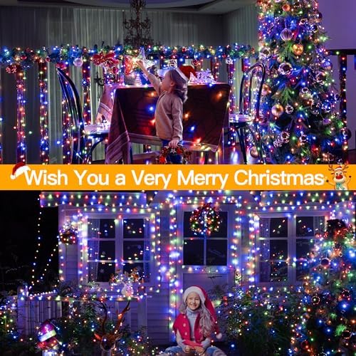 Ollny Christmas Lights 800 LED 262FT Plug in, IP67 Waterproof Green Wire Outdoor Christmas Lights with Remote, 8 Modes with Timer String Light for House Indoor Xmas Decorations Multicolored