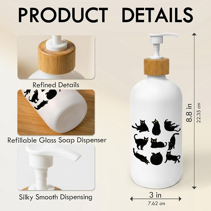 Black Cat Soap Dispenser, Black Cat Lover Mom Owner Gifts Glass Dish Soap Dispenser for Kitchen, Cute Kitten Kitty Refillable Handsoap Pump Bottle for Bathroom Countertop