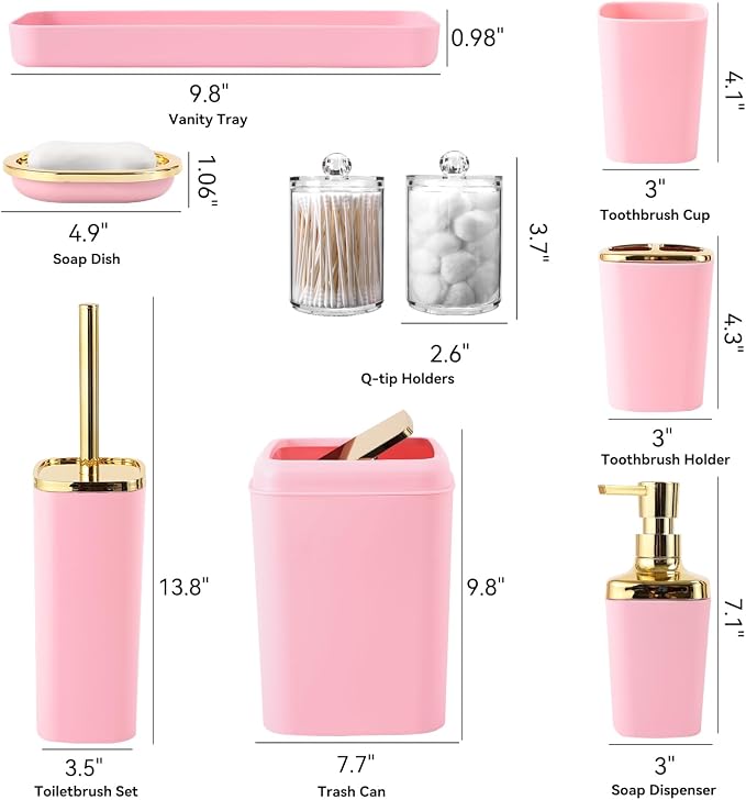 XLHOMO Bathroom Set, 9PC Bathroom Accessory Set, Pink Bathroom Accessories, Pink Bathroom Set, Trash Can, Soap Dispenser for Home Decor