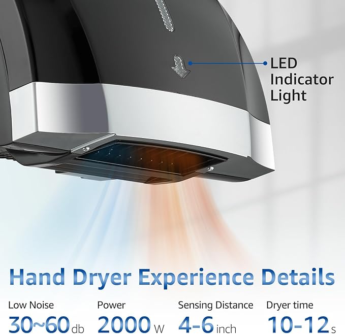Black Hand Dryers for Bathrooms Commercial - modunful Electric Hand Dryer Touchless, Extra Quiet Low Noise(40db), Wall Mounted Type(1600W)