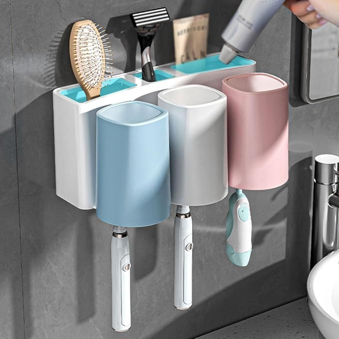 Toothbrush Rack Hanging Toothbrush Holder Blue Razor Storage Rack Bathroom Toothpaste Holder Without Drilling and Easy to Install Bathroom Toothbrush Holder(L24cm)