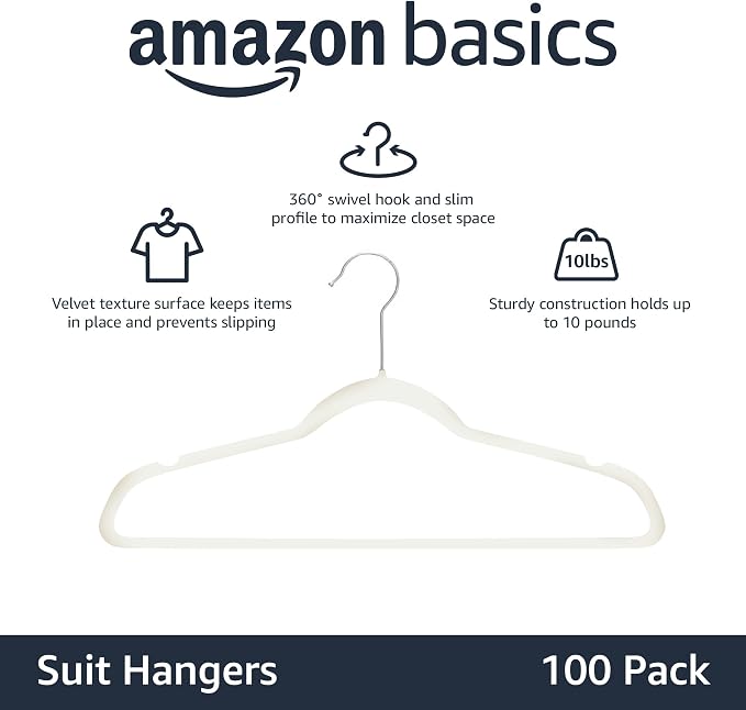 Amazon Basics Slim Velvet Non-Slip Space Saving Suit Clothes Hangers for Closet Organization, Ivory/Beige, 100-Pack