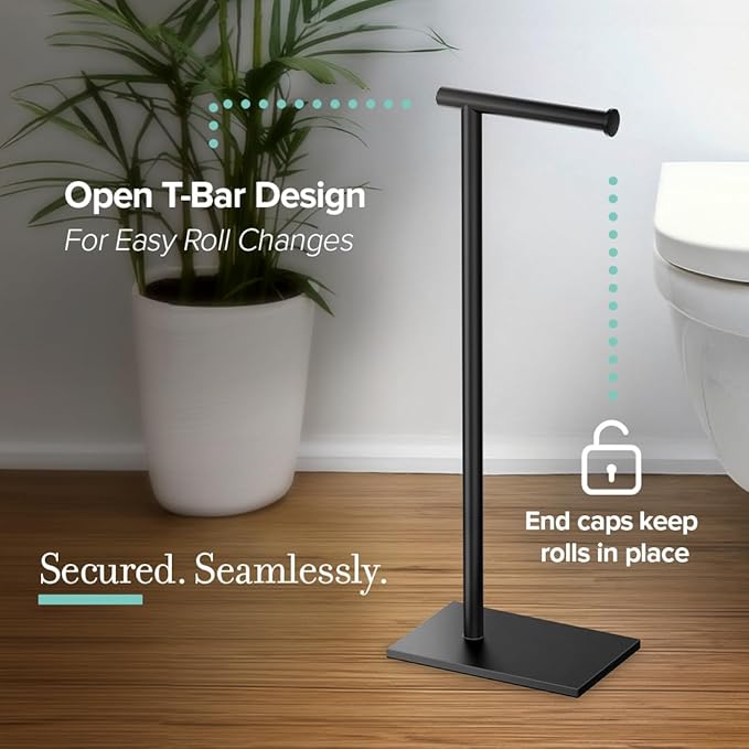Gatco 1431MX Modern Square Base Toilet Paper Holder Stand, Matte Black, 22.25"H