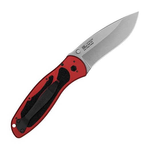 Kershaw Blur Folding Pocket Knife, 3.4 inch Stonewashed 14C28N Steel Blade, Red Anodized Aluminum Handle with Black Trac-Tec Inserts, Reversible Pocketclip; 3.9 OZ