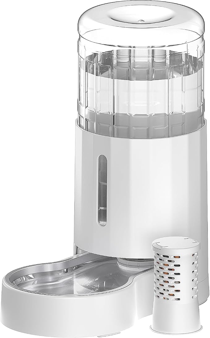 CZPET Dog Water Bowl Dispenser with Stainless Steel Bowl (8L+Filter,White) | With Stainless Steel Bowl Gravity Waterer, Large Capacity and Drinking Area Noise-Free for Pets