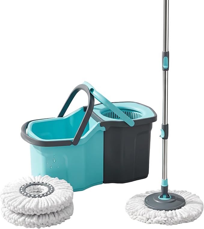 Spin Mop and Bucket Set with 2 Mop Heads, Teal and Grey | Hands-Free Wringing, Detachable Bucket, Deep Clean Microfiber, All Floor Types, Stainless Steel Handle