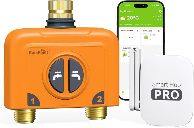 RAINPOINT WiFi Water Timer for Garden Hose, 2 Zone WiFi Sprinkler Controller, Smart Hose Timer Valve, Automatic Drip Irrigation System/Rain Delay for Garden/Lawn (Orange)