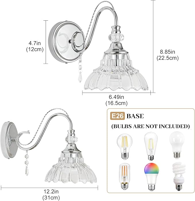 1 Piece Brushed Chrome Finish Wall Sconce, 1-Light Modern Wall Sconce with Hanging Crystal Accents and Flower-Shaped Clear Shades for Bathroom Bedroom Living Room,Modern Vanity Light