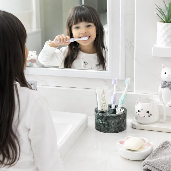 BCS Toothbrush Holder for Bathrooms, Cute 4 Slots Marble Toothbrush and Toothpaste Holder Stand Bathroom Organizer Countertop for Electric Toothbrush, Floss, Razor, Comb - Indian Green