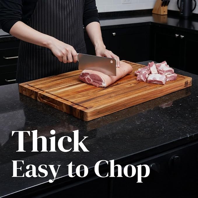 Extra Large Teak Wood Cutting Board 24x18 Inch for Meat, Brisket & Professional Kitchen Prep, 1.5" Thick Edge Grain Butcher Block with Deep Juice Groove & Handle, Non-toxic Board by New M Way