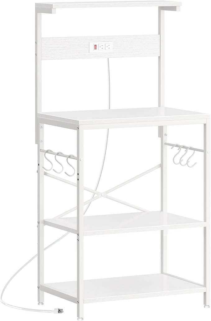 SUPERJARE Kitchen Bakers Rack with Power Outlet, Coffee Bar Table 4 Tiers, Kitchen Microwave Stand with 6 S-Shaped Hooks, Storage Shelf Rack for Spices, Pots and Pans - White