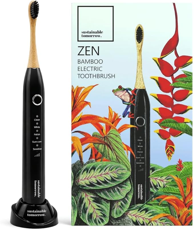 Sustainable Tomorrow Zen Bamboo Electric Toothbrush, Durable Wood-Grain ABS Handle, Rechargeable w/Plant-Based Soft Bristles, Bamboo Heads, 5 Modes & 30-Day Battery (Black)