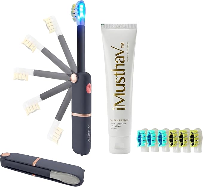 Sonic Electric Toothbrush for Adults, Foldable Travel Toothbrush | Battery Operated, Blue LED Light, Whitening Toothpaste, 3 Modes with Smart Timer, 6 Replacement Brush Heads