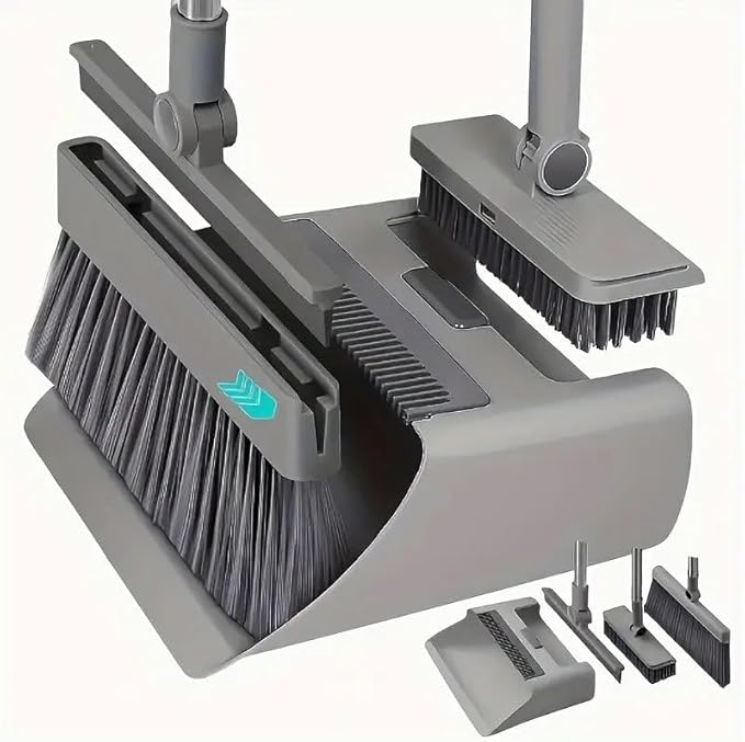 4 in 1 Multifunctional Broom and Dustpan Combo Set with 44" Long Handle, Squeegee and Cleaning Brush,for Clean Home Kitchen Bathroom Office,Indoor Outdoor,Pet Hair,Bathtub and Glass(Grey)