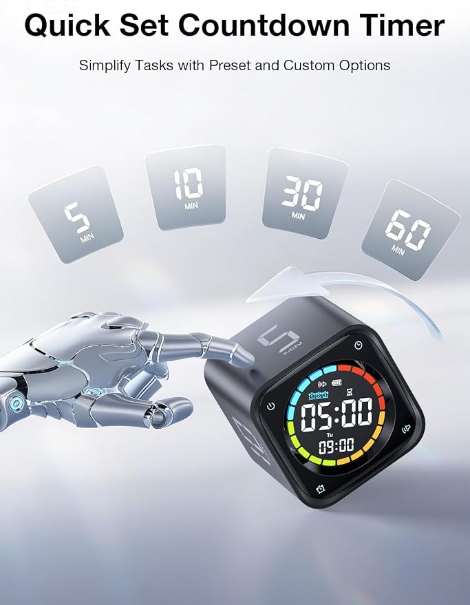 TK3 Pomodoro Timer Cube, Desk Productivity Timer with 5/10/30/60 Min Presets, Custom Countdown, Stopwatch, Clock, 3 Alarm, Silent, Vibrate & Sound Mode, for Task, ADHD, Study, Kitchen,Obsidian Black