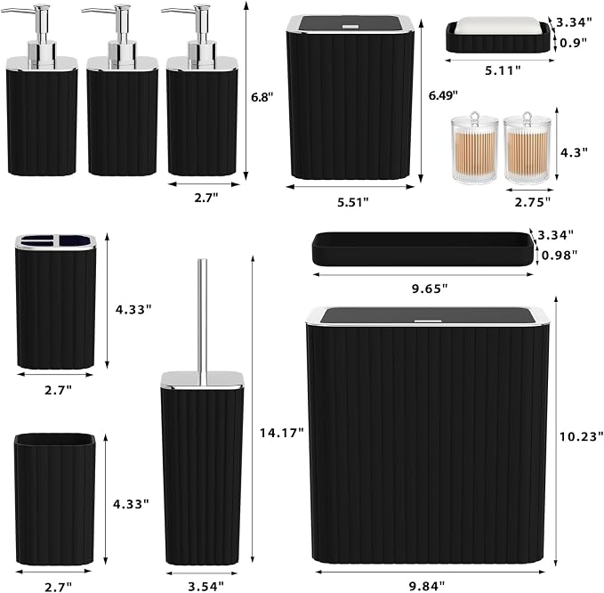 Bathroom Accessory Set - Bathroom Set, 12PC Bathroom Accessory Set, Black Bathroom Accessories Set, Mini Trash Can, Toilet Brush, Trash Can & Soap Dispenser