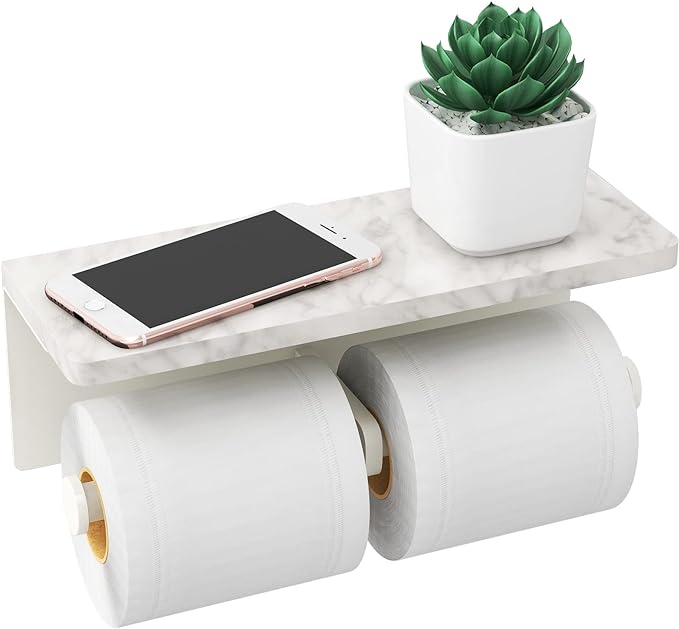 Gypie Double Toilet Paper Holder, Toilet Paper Wall Mount, White Marble | Toilet Paper Holder with Shelf, Stainless Steel Roll Holder for Bathroom Washroom