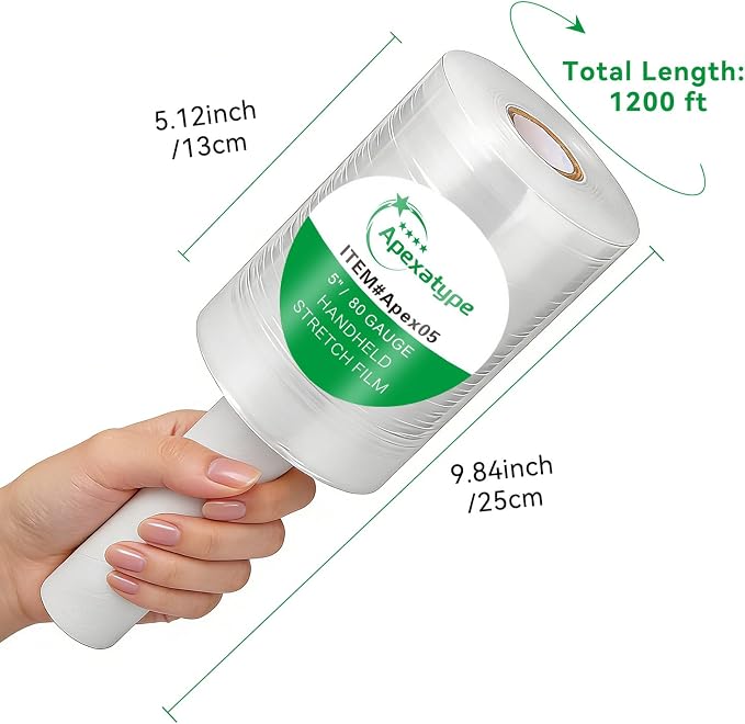 Plastic Shrink Wrap Roll, 5" x 1200', 12 Rolls | 80 Gauge, 500% Stretch, With Handles, Stretch Film WrapFor Moving, Shipping, Packing, Pallet & Furniture Protection