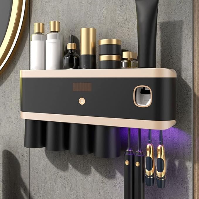 Toothbrush Rack Smart Toothbrush Holder Wall Mount Toothbrush Holder with Mouthwash Cup Automatic Toothpaste Dispenser Squeeze Kit Bathroom Toothbrush Holder(C)
