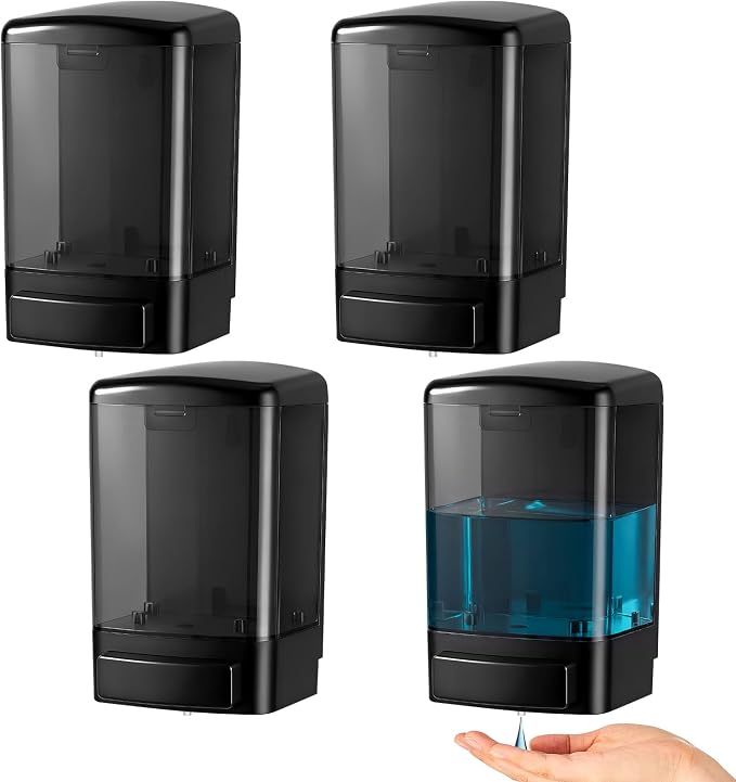 Hushee 4 Pcs Plastic Wall Mounted Soap Dispenser Commercial Manual Soap Containers Wall Dispenser for Kitchen Shower Hotel Liquid Shampoo Gel Chamber (33.8 oz 1000 ml,All Black)