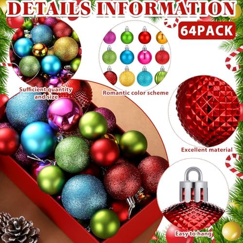Lunmon 64 Pcs Neon Christmas Ball Ornaments Shiny Bright Multicolor Baubles