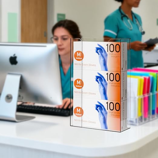 Yieach Acrylic Glove Box Holder Wall Mount With Adhesive,No Drilling Disposable Medical Rubber Glove Holder on Wall & Hanging Hospital Hair Net,Mask,Latex Gloves Dispenser,Gloves Rack & Storage,Clear