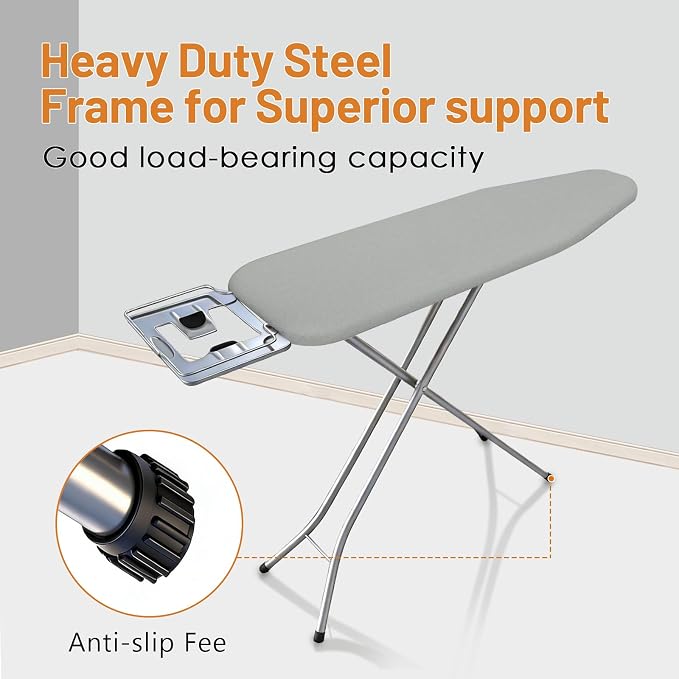 Ironing Board Full Size, 52x14 Inch Iron Board with Steam Rest, Heavy Duty Metal Frame Legs Foldable Ironing Stand, Non-Slip, 7 Height Adjustable, Gray