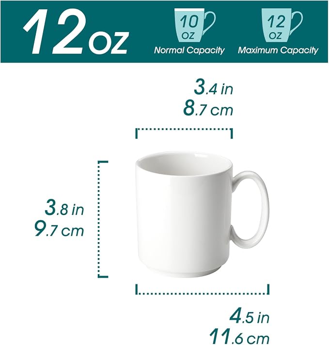 vancasso Porcelain Coffee Mugs Set of 6, 12 Oz Coffee Cups for Latte, Cappuccino, Tea & Hot Cocoa, Modern Minimalist Mug Set for Home & Office, Microwave & Dishwasher Safe, White
