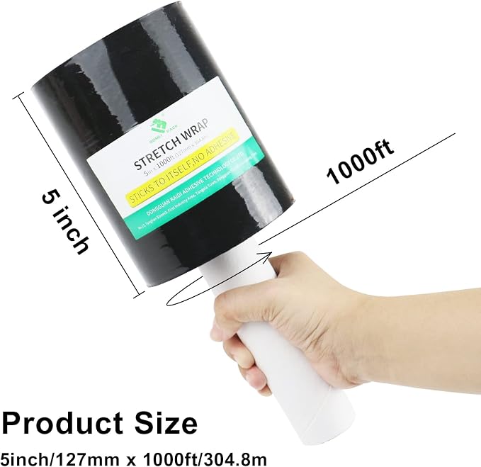 BOMEI PACK 6 Pack Industrial Black Mini Stretch Wrap Roll with Handle, 5" x 1000Feet 80 Gauge for Heavy Duty, Durable Self-Adhering Plastic Wrap for Packing, Moving