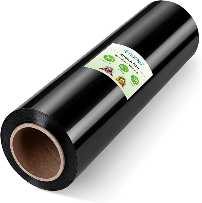 TICONN 1Pk Stretch Wrap Stretch Film Roll, 1000ft Industrial Strength 18 inch Wide Black Plastic Wrap for Pallet Wrapping Shipping Moving (No Handle)