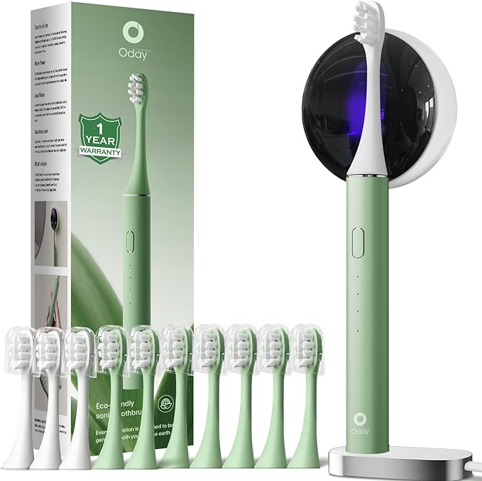 ODAY Electric Toothbrush with Wall Mounted Toothbrush Holder+ 10 Replacement Brush Heads Bundle – Complete Oral Care Kit with 3 Brushing Modes, Smart Timer, IPX7 Waterproof, 1 Month+ Battery
