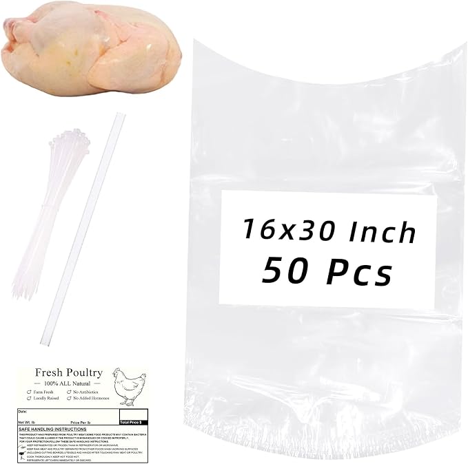 Large Turkey Shrink Bags 50Pcs 16x30In Chicken Bags Heat Shrink for Freezer | with Zip Ties, Label and Silicone Straw for Turkey, Chickens, Rabbits