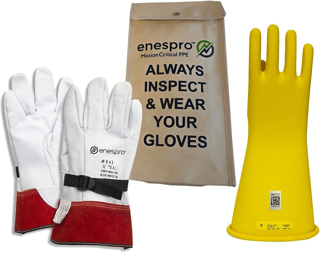 Enespro Class 2 Yellow Rubber Voltage Insulating Glove Kit with Leather Protectors, Max. Use Voltage 17,000V AC/ 25,500V DC (KITGC2Y08)
