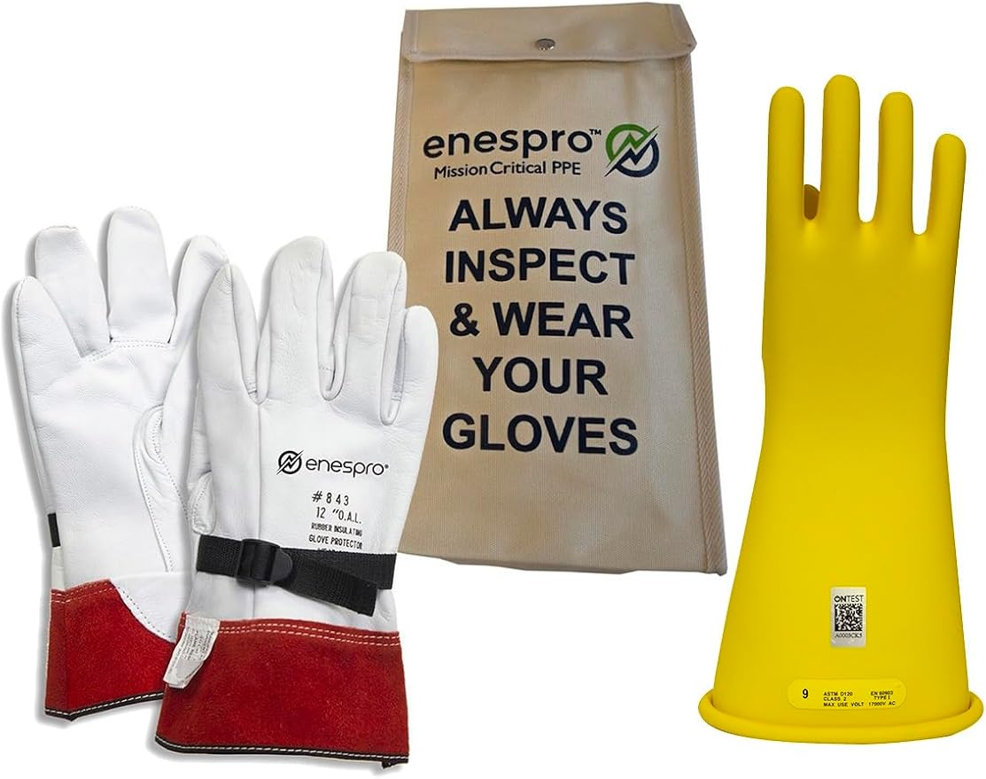 Enespro Class 2 Yellow Rubber Voltage Insulating Glove Kit with Leather Protectors, Max. Use Voltage 17,000V AC/ 25,500V DC (KITGC2Y08)