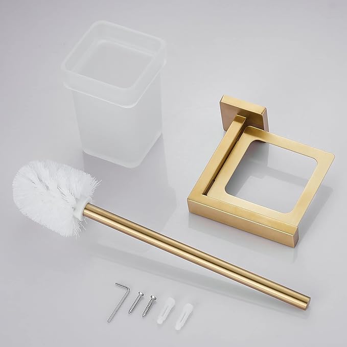 Brushed Gold Toilet Brush and Holder Set, NEWRAIN Wall Mounted Toilet Bowl Brush with Long Handle, Stainless Steel Toilet Brushes for Bathroom-Space Saving