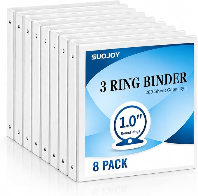 Durable 1 inch 3 Ring Binder White 8 Pack, PVC-Free Clear View Binder with 2 Interior Pockets, Holds 200 Sheets of 8.5" x 11" Paper for Teachers, Back to School,Home Office & Organization