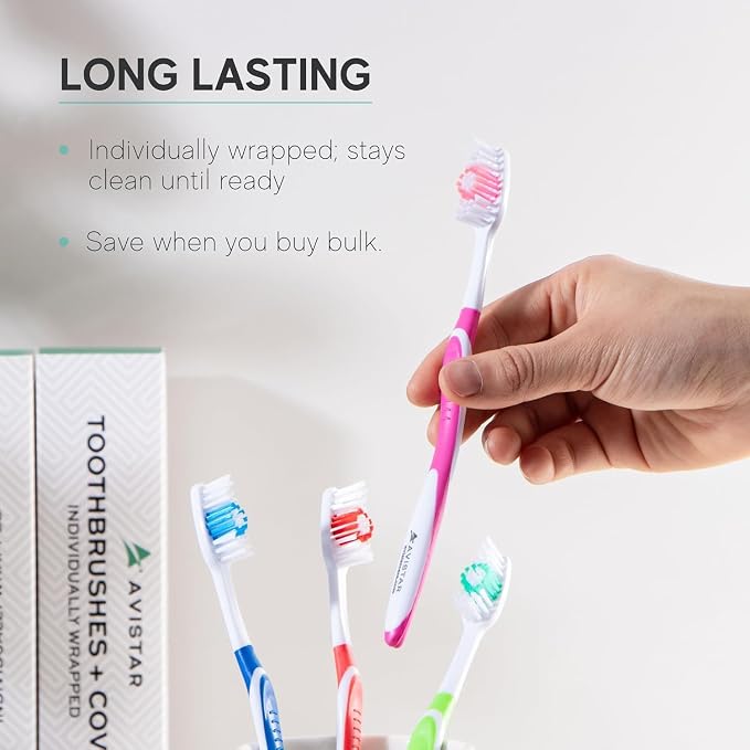 Avistar Bulk Toothbrushes Pack - 148 Individually Wrapped for Travel, Hotels, Relief Missions, and Donations - Disposable Toothbrush Pack Adults and Kids - Red, Blue, Green, Pink