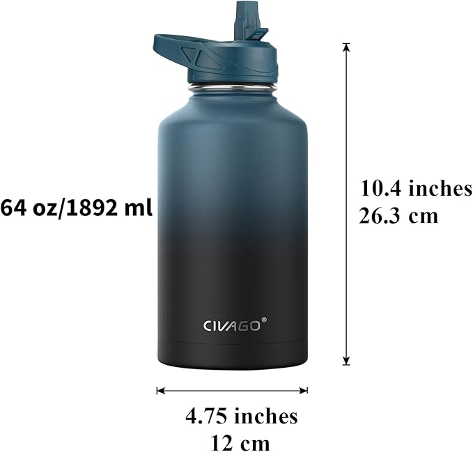 CIVAGO 64 oz Insulated Water Bottle With Straw, Half Gallon Stainless Steel Sports Water Flask Jug with 3 Lids (Straw, Spout and Handle Lid), Large Metal Thermal Cup Mug, Classic Red