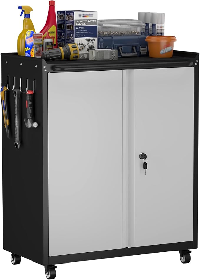 GREATMEET Garage Storage Cabinet with Wheels, Lockable Metal Storage Cabinet, Rolling Tool Cabinet with Adjustable Shelf, Push Handle for Shop, Home, Office, Black/Grey