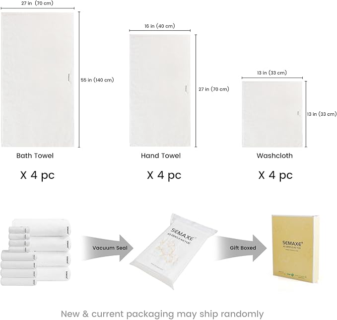 SEMAXE Bath Towel Set, 12 Piece Cotton Towel Set for Bathroom, More Towels for Family Use, Quick Dry with Hanging Loops, Easy Care, White