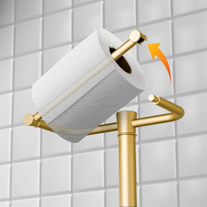 Freestanding Toilet Paper Holder Stand, Heavy Duty Brushed Brass Stainless Steel Toilet Paper Holder with Weighted Base, Rustproof & Tool-Free Installation for Modern Bathrooms